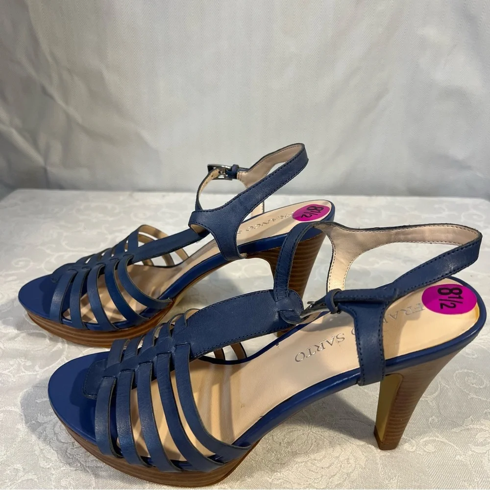 Franco Sarto Sandals Blue Leather Woven Strappy 4” Heels Buckle Closure 8.5👍